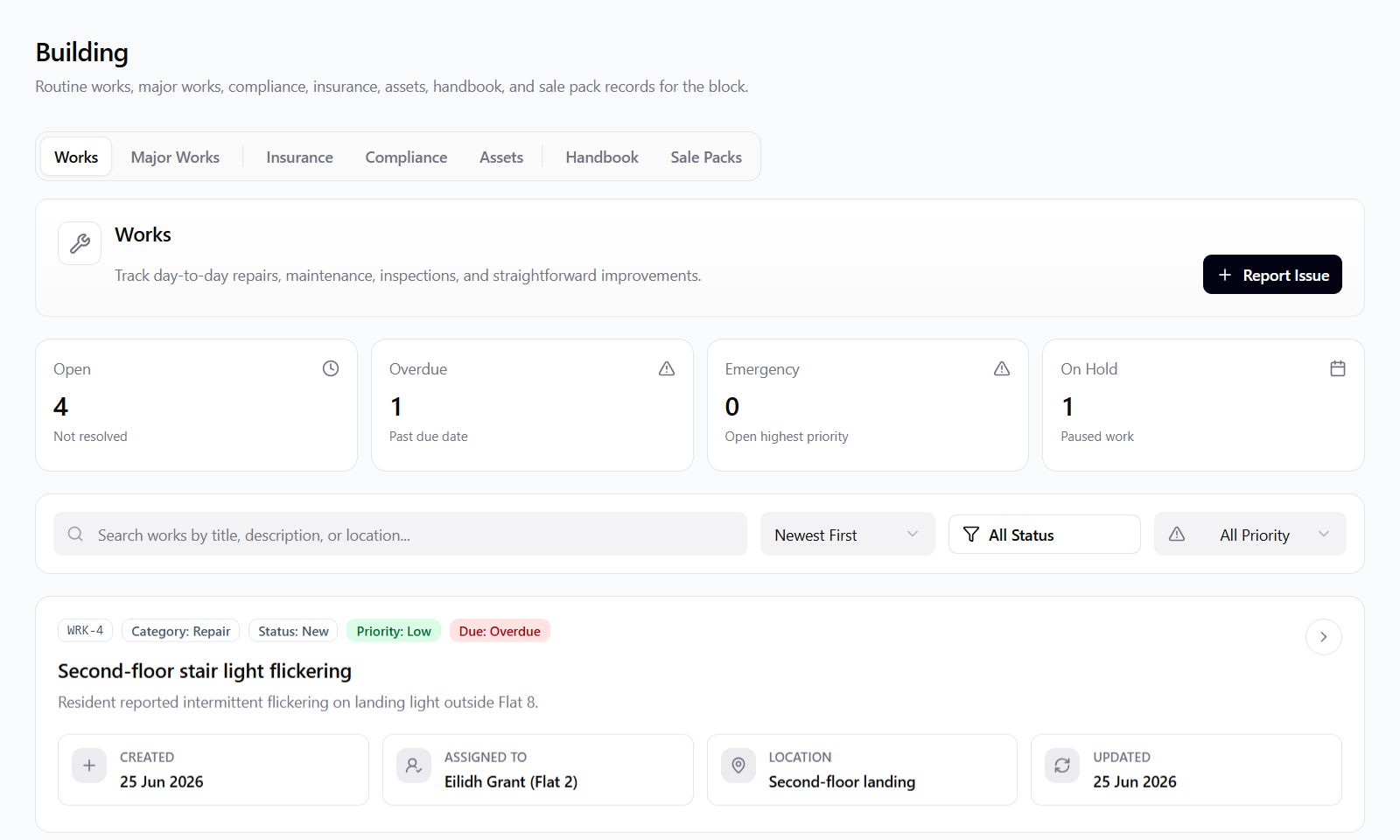Building repair record with status, quotes, documents, responsibility, and activity