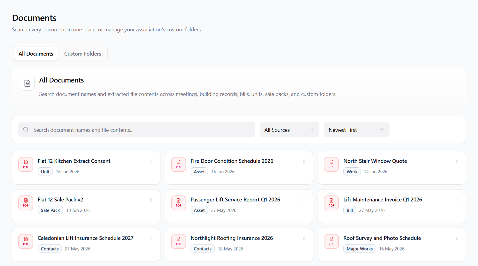 Document library search results with source filters and linked building records