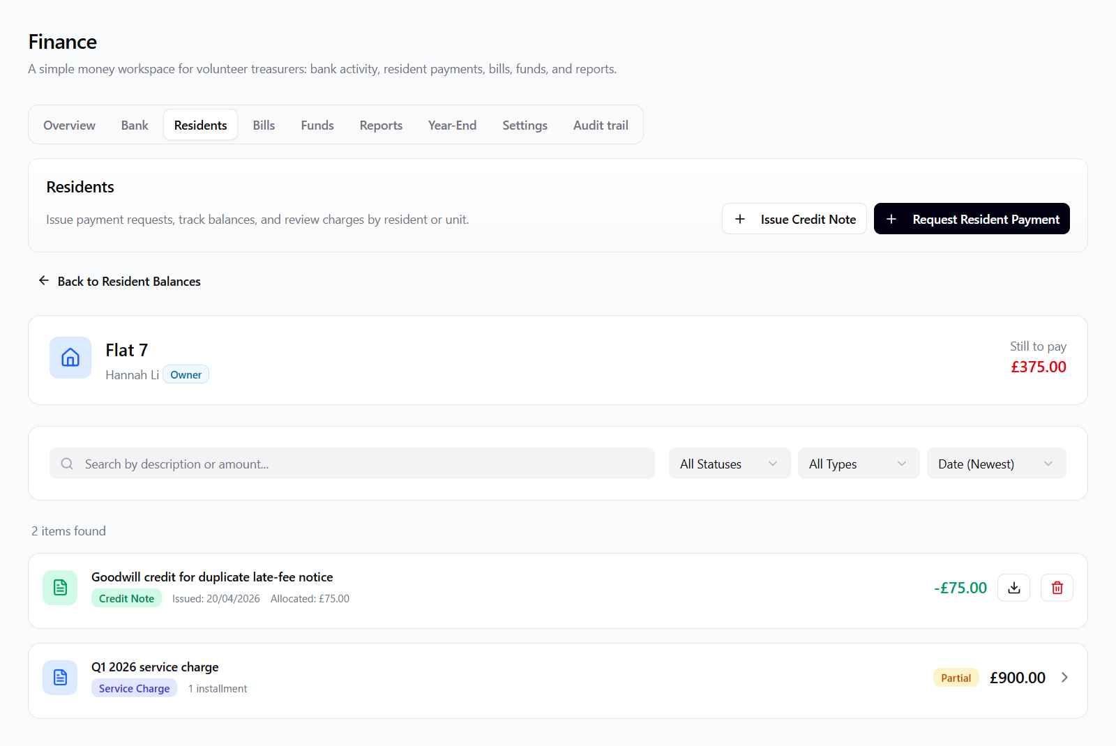 Unit service-charge ledger with balance, demands, receipts, and credits
