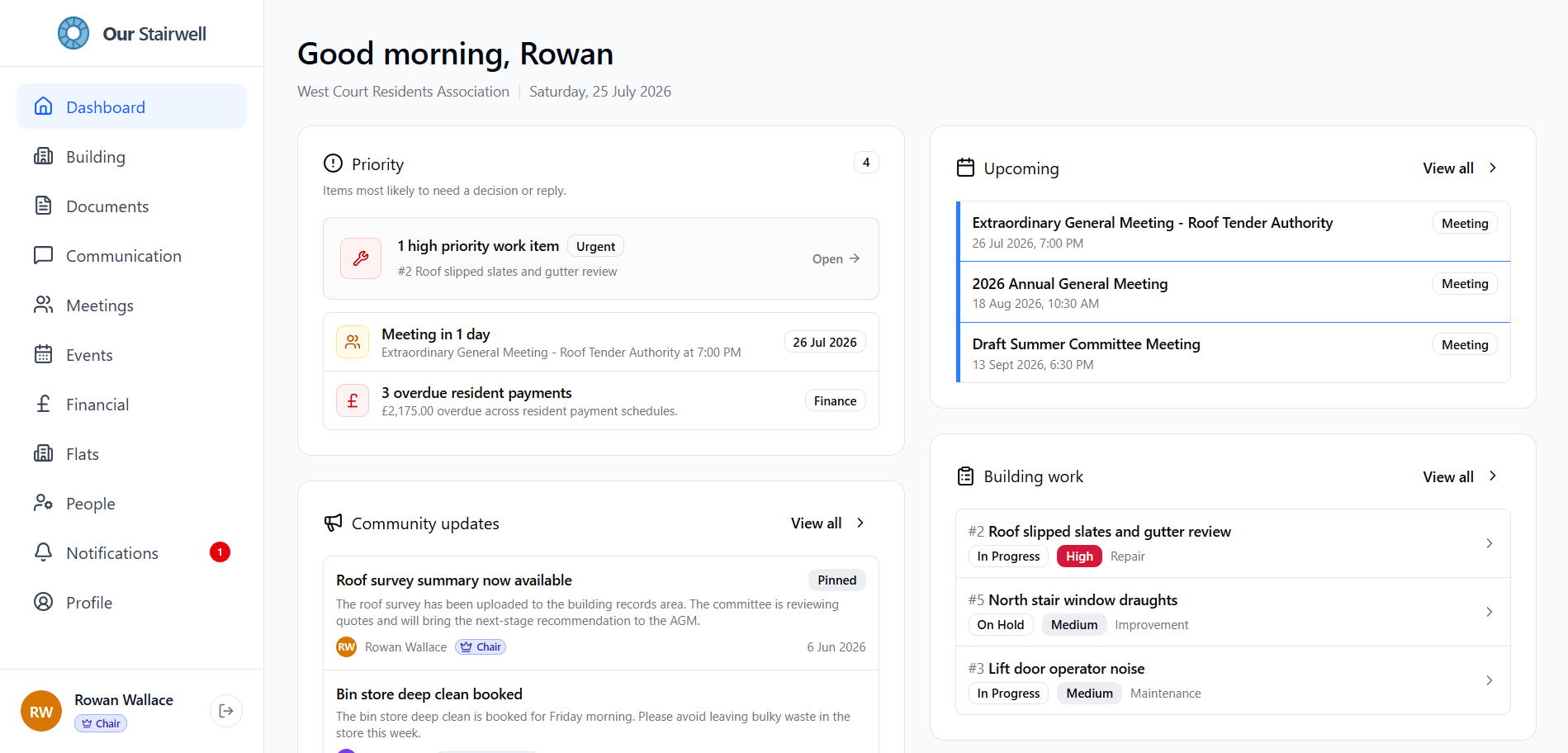 Our Stairwell dashboard with committee priorities, upcoming meetings, building work, and resident updates